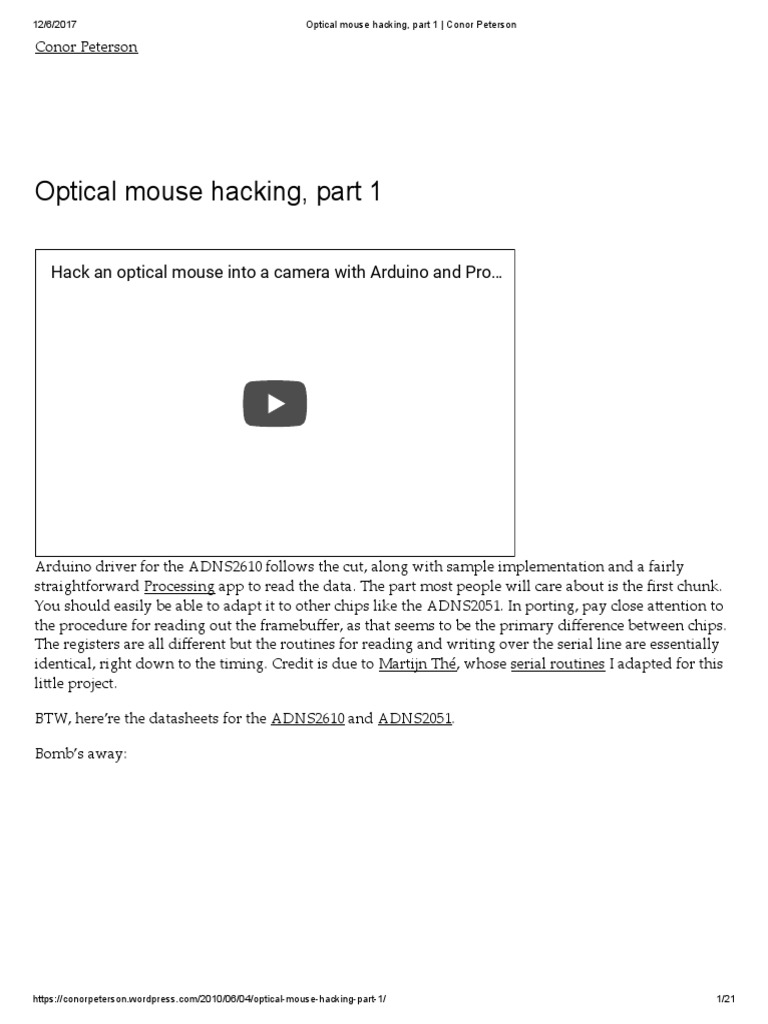 Optical Mouse Hacking, Part 1 Conor Peterson PDF Arduino