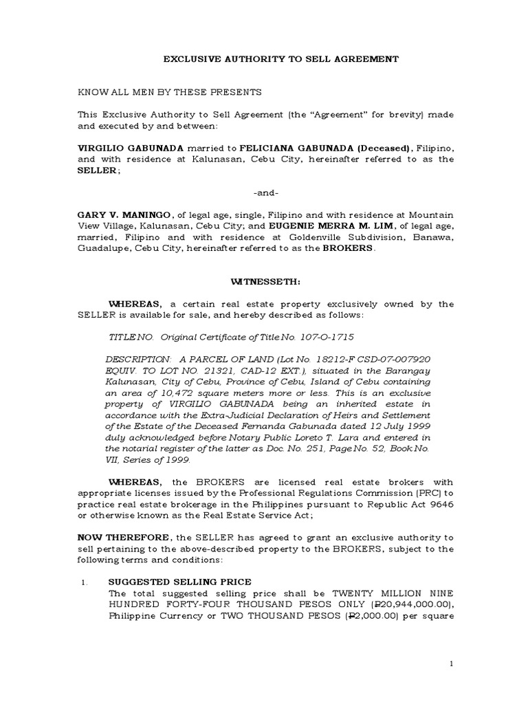 Exclusive Authority to Sell Agreement Real Estate Broker Market