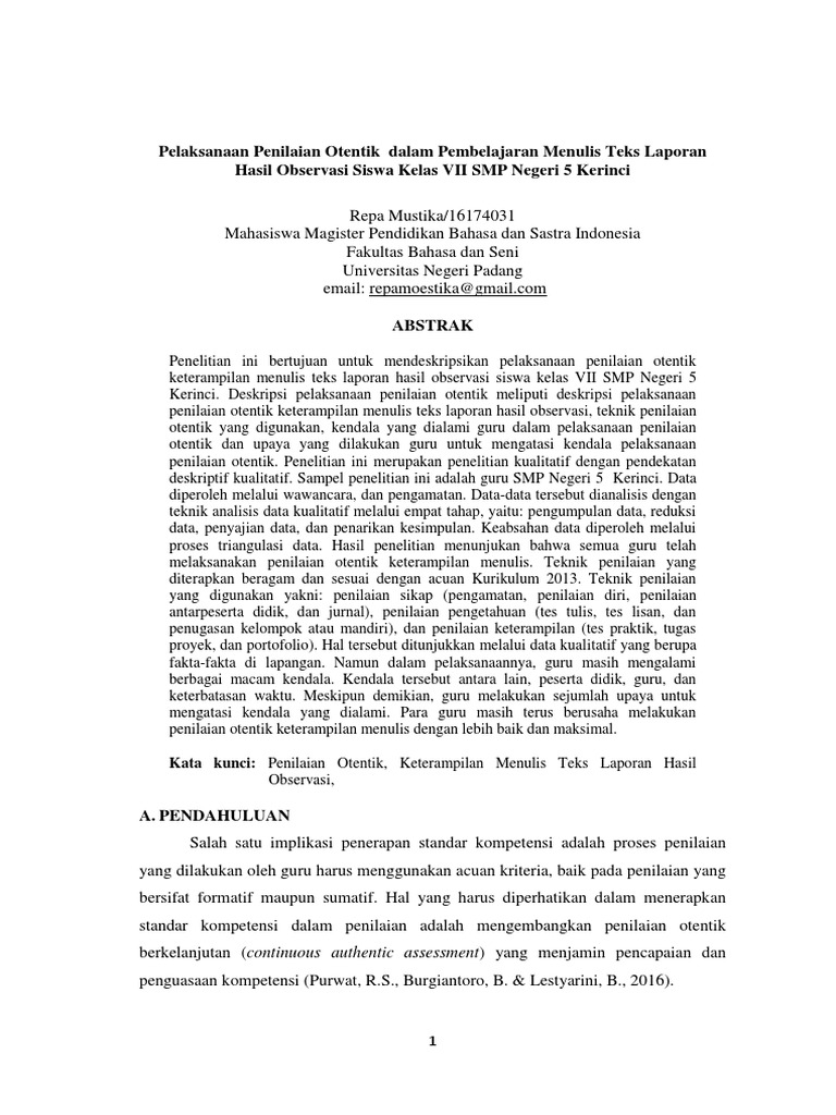 Penilaian Otentik Teks Laporan Hasil Observasi
