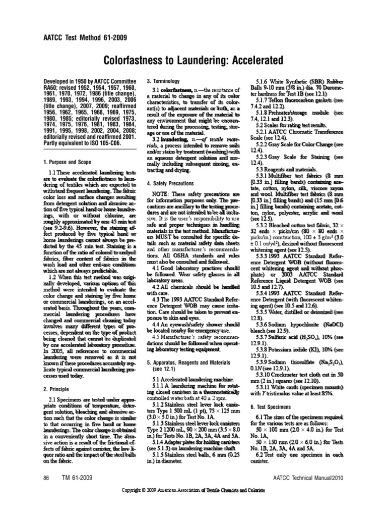 AATCC Test Method 612009 Textiles Chemistry Free 30day Trial
