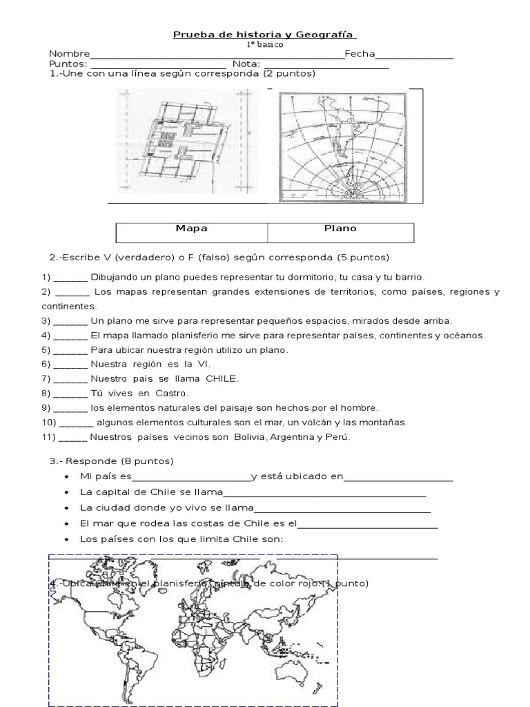 Prueba de Historia y Geografía 1º Básico | PDF | Continente | Chile