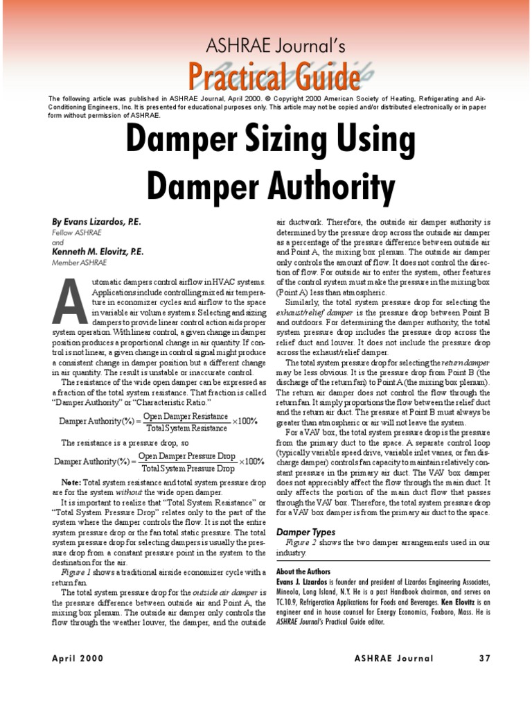 Damper Sizing Authority Duct (Flow) Hvac Free 30day Trial Scribd