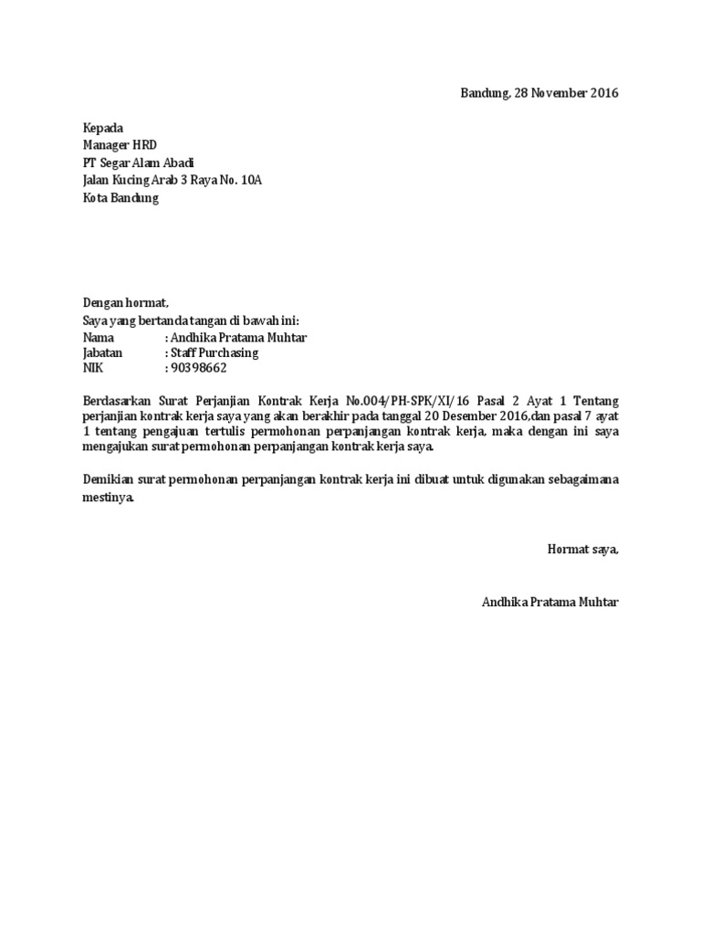 Contoh Surat Permohonan Perpanjangan Kontrak Kerja