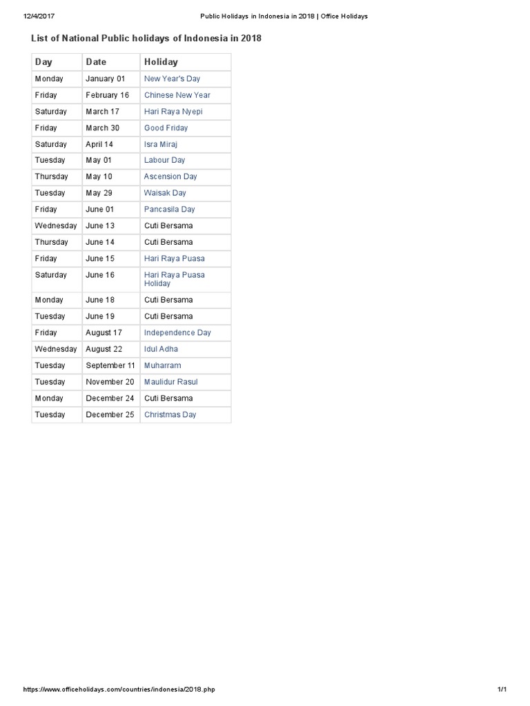 Public Holidays In Indonesia In 2018 From Pdf