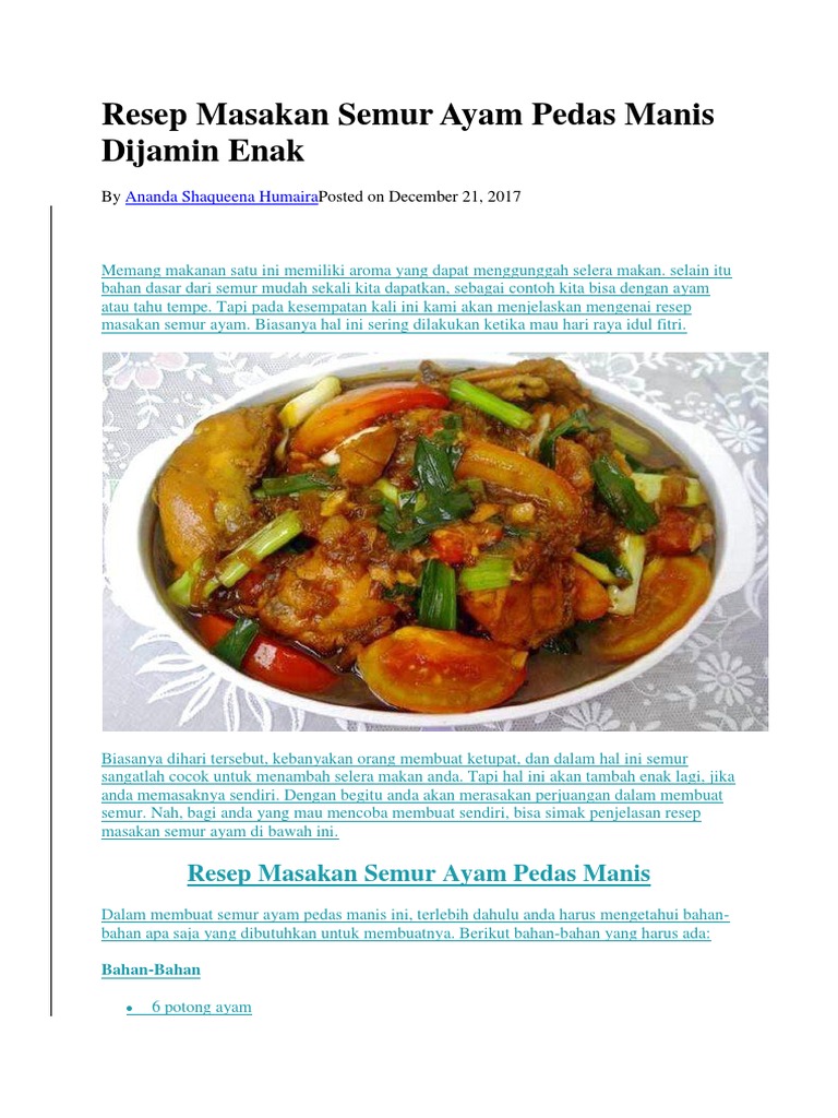 Resep Masakan Semur Ayam Pedas Manis Dijamin Enak