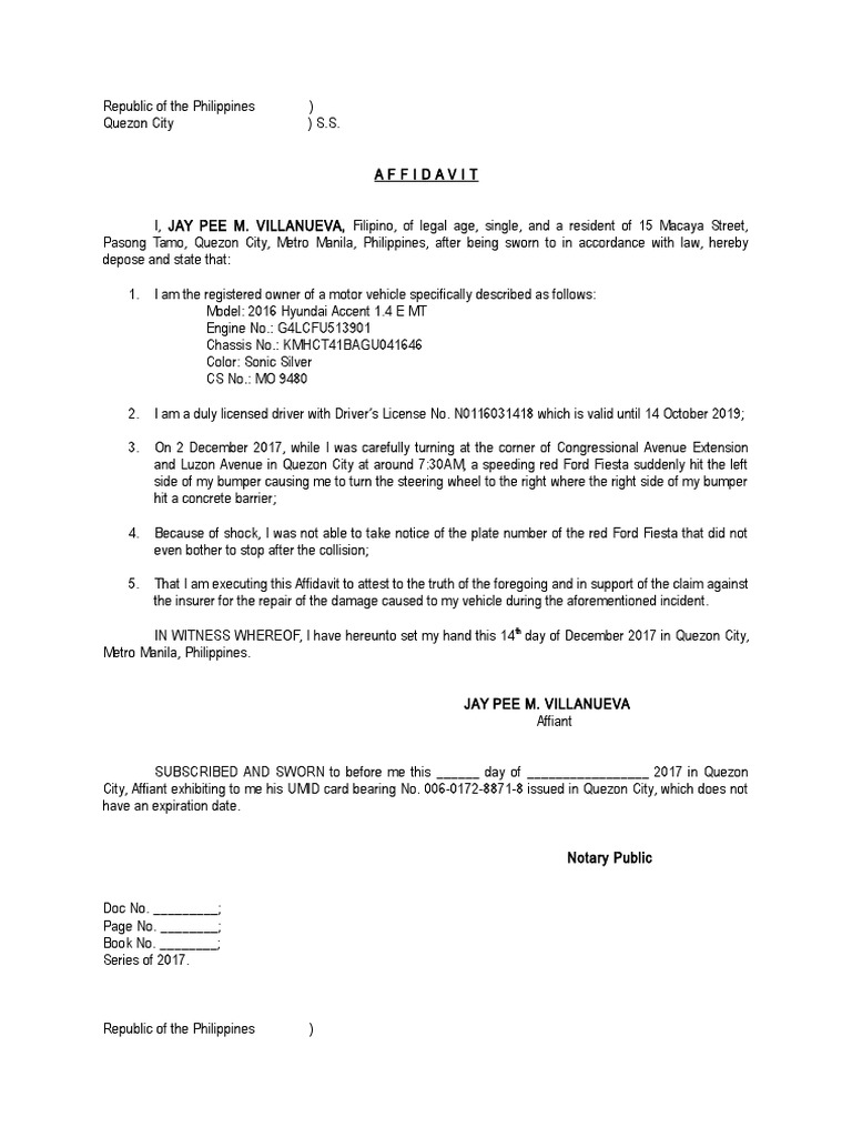 Affidavit for car insurance claim Motor Vehicle