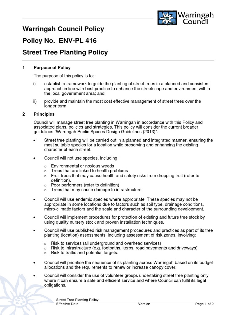 Warringah Street Tree Planting Policy | PDF | Trees | Risk Management
