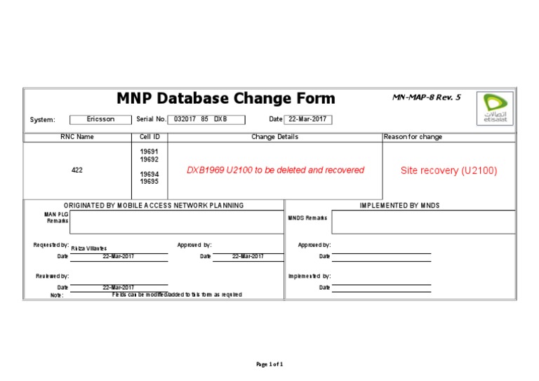 MNP Database Change Form: DXB1969 U2100 To Be Deleted and Recovered | PDF