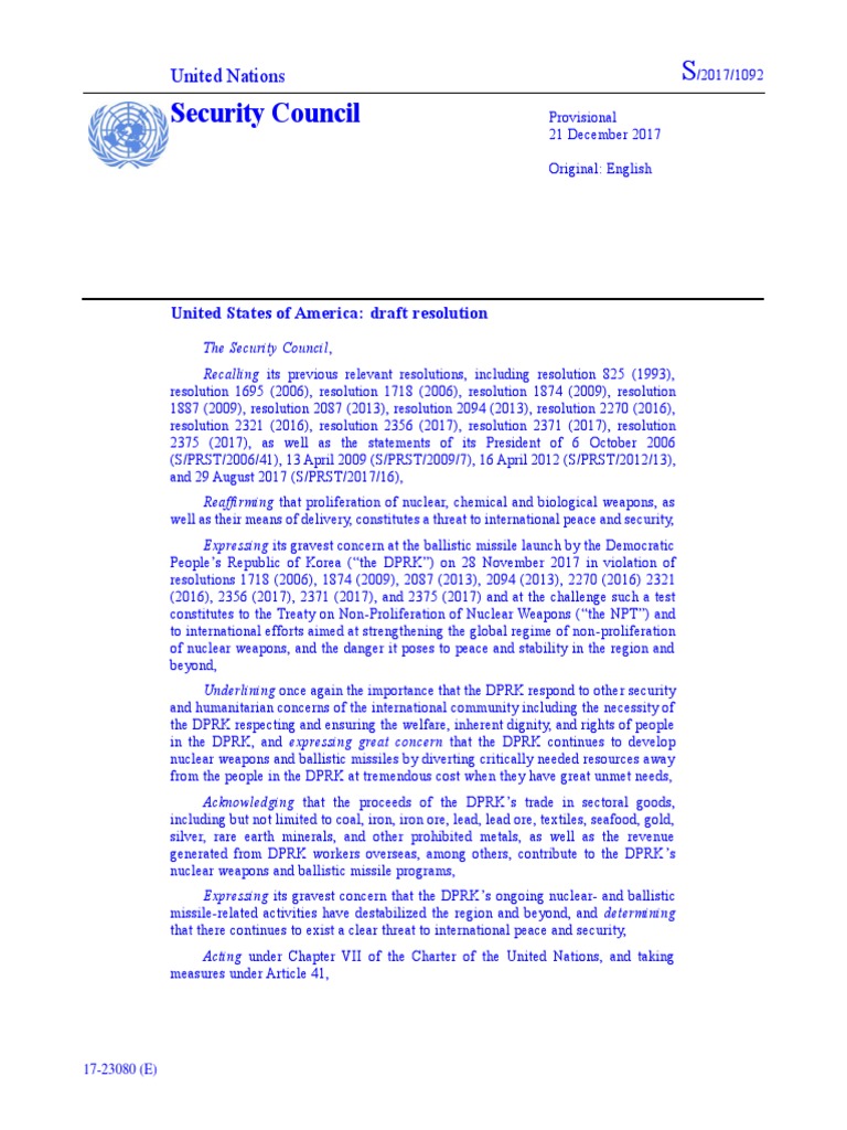 DPRK Ballistic Missile Resolution 2017 | PDF | Nuclear Proliferation ...