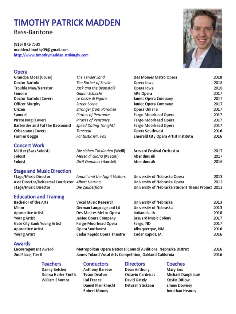 Madden Resume Opera 12222017 | PDF | Opera | Vocal Music