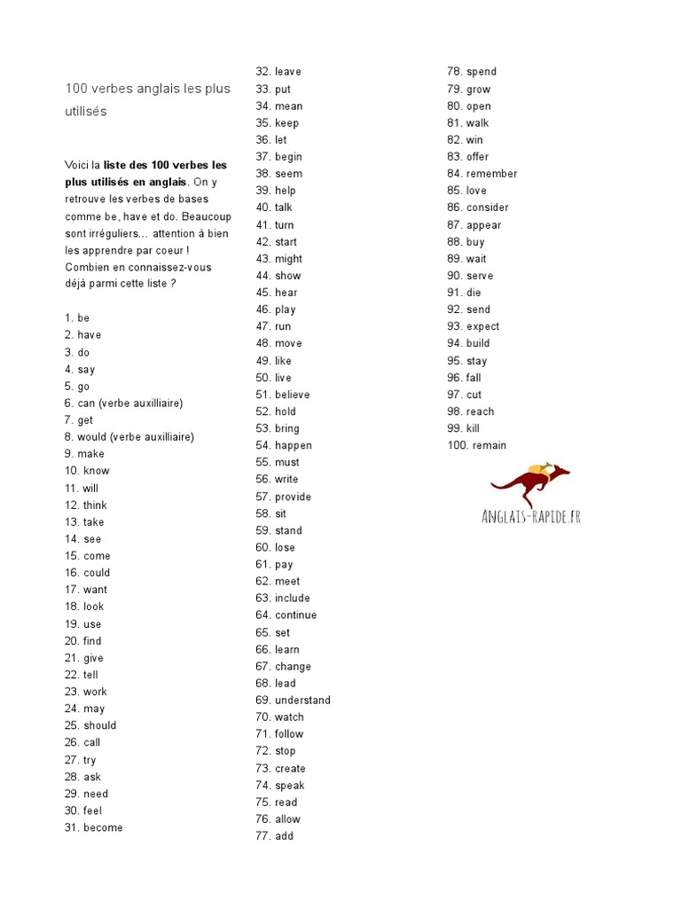 Les 100 Verbes Irréguliers Les Plus Utilisés En Anglais Pdf 100 Verbes Les Plus Utilisés en Anglais PDF | PDF