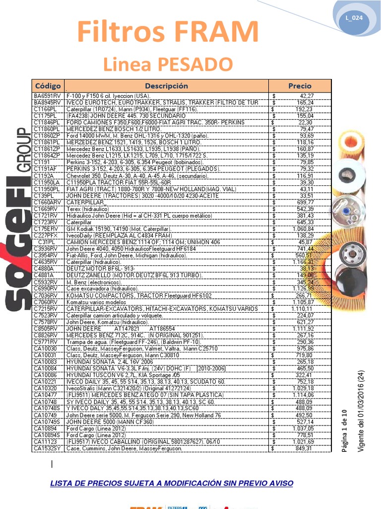 Equivalencias Fram | PDF | Tecnología de vehículos | Equipos de construcción