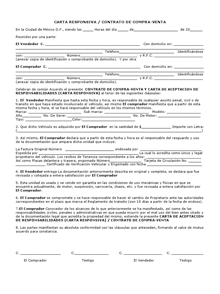 Formato De Carta Responsiva Compra Venta De Auto Pdf