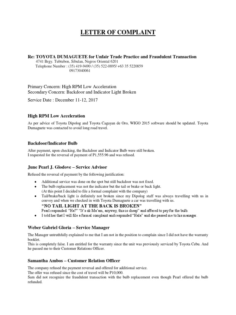 Letter of Complaint Toyota Dumaguete City PDF Business