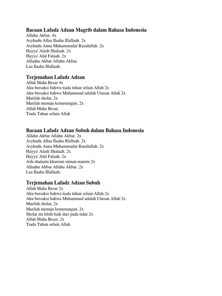 Bacaan Lafadz Adzan Magrib Dalam Bahasa Indonesia
