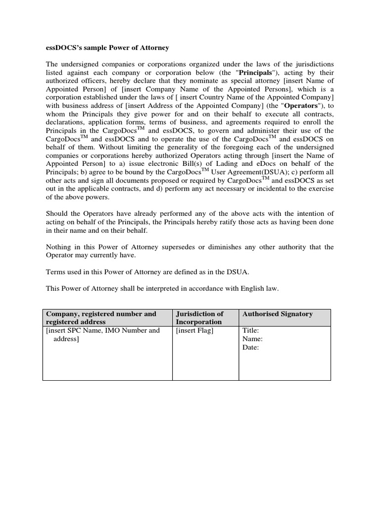 Essdocs'S Sample Power of Attorney: TM TM TM | PDF