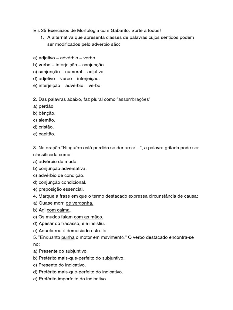 Eis 35 Exercícios de Morfologia Com Gabarito | PDF | Pronome | Substantivo