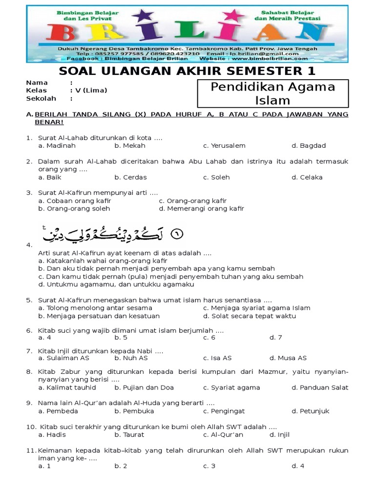 Soal Pai Kelas 5 Sd Semester 1 Dan Kunci Jawaban