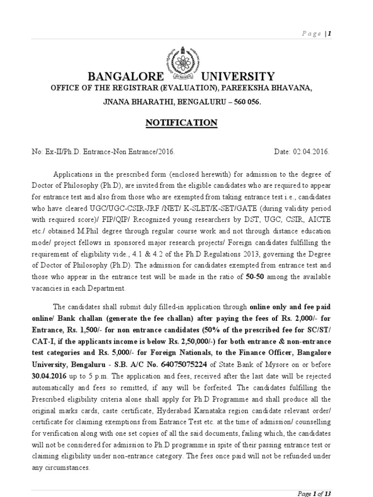 PHD Entrance Notification 2015-16 | PDF | Doctor Of Philosophy ...