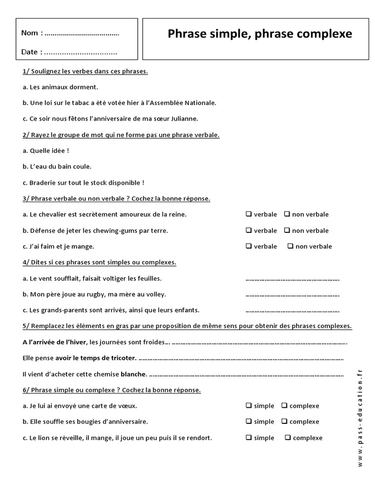 Collège Exercice De Français 5ème A Imprimer Phrase Simple Phrase Complexe - 5ème - Exercices Corrigés - Grammaire -  Français - Collège | PDF