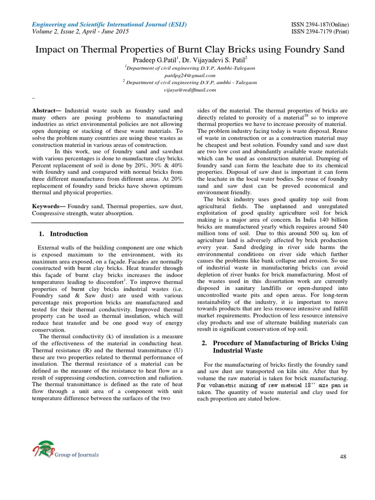 Impact on Thermal Properties of Burnt Clay Bricks using Foundry Sand