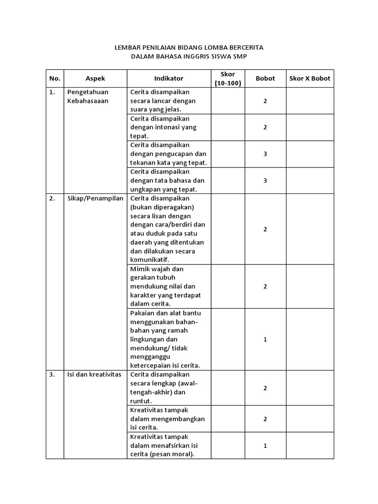 Lembar Penilaian Bidang Lomba Bercerita SMP | PDF