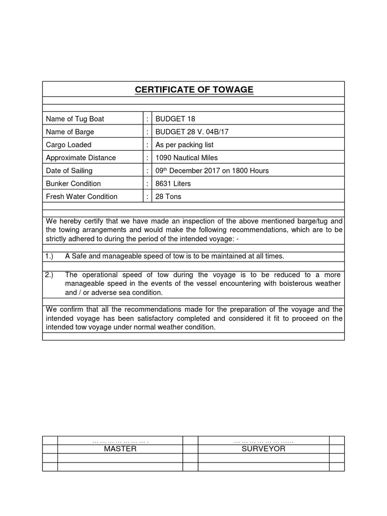 Towing & Lashing Certificate 2018 Tonnage Ships