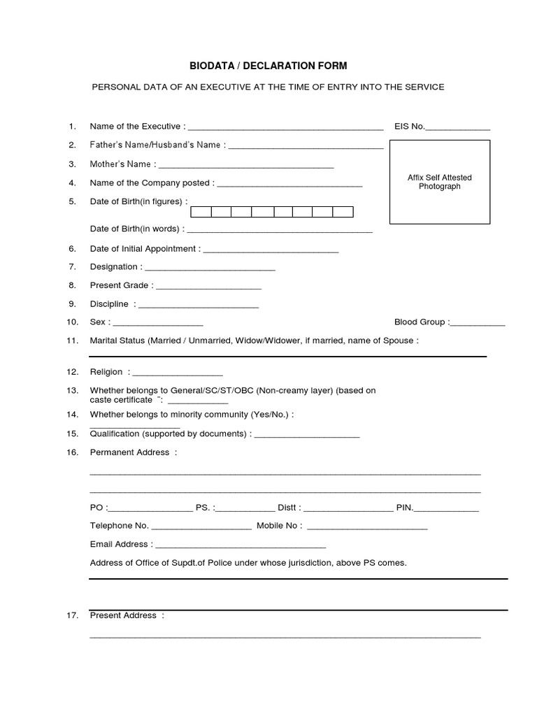 Self Attested Biodata Declaration Form | PDF | Government | Social ...