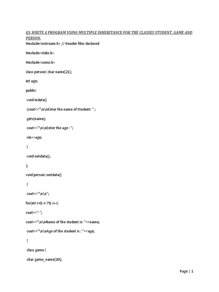 Q1.Write A Program Using Multiple Inheritance For The Classes Student ...
