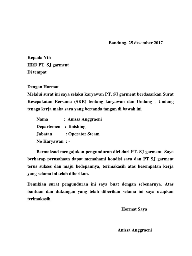Contoh Surat Pengunduran Diri Karyawan Pabrik Tulis Tangan Nusagates