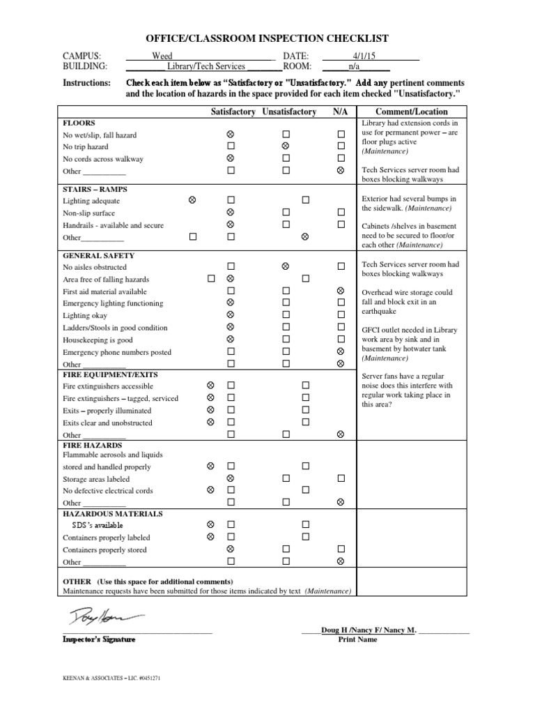 FacilityInspection Library Tech 2015 April 1 | PDF | Libraries | Safety