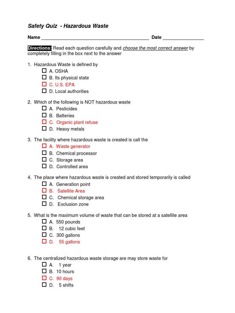 Hazardous Waste Quiz PDF
