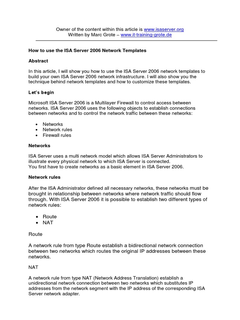 ISA Server 2006 Network Templates Guide | PDF | Firewall (Computing ...