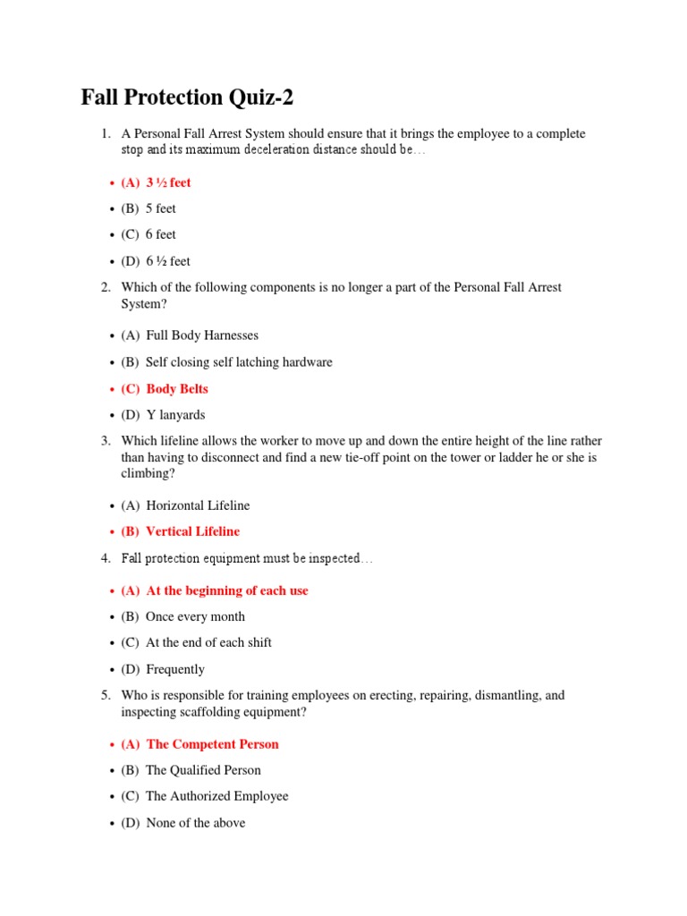 Fall Protection Quiz2 (A) 3 Feet PDF