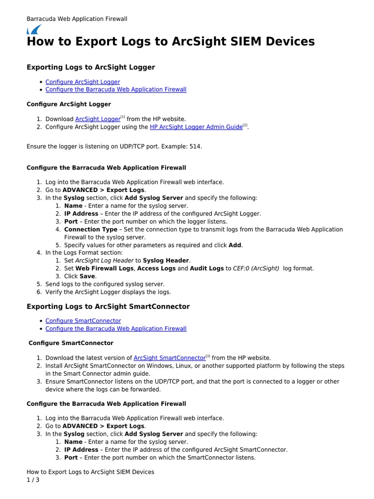 Exporting Barracuda Logs to ArcSight SIEM | PDF | Port (Computer ...