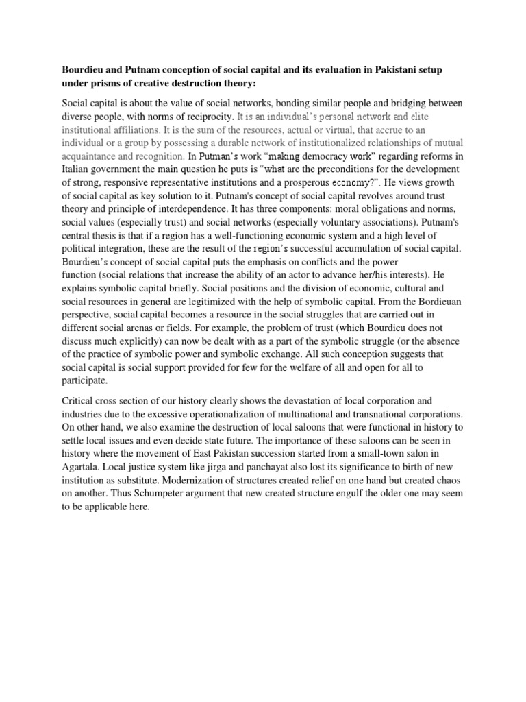Bourdieu and Putnam Conception of Social Capital and Its Evaluation in ...