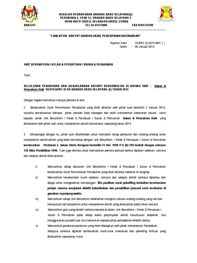 Surat Kelulusan Penubuhan Kelab Persatuan Unit Beruniform Dan Sukan Permainan Tahun 2015 Pdf