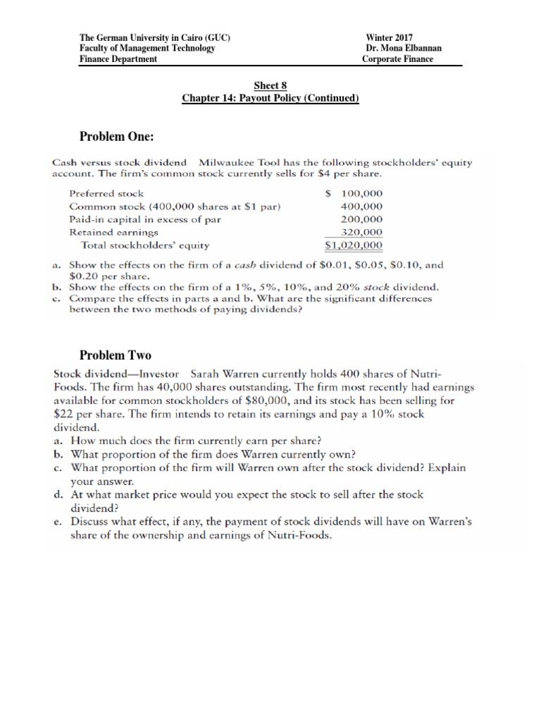 Corporate Finance Payout Policy Problems | PDF