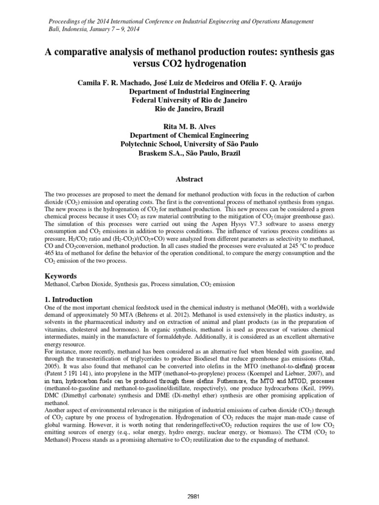 A Comparative Analysis of Methanol Production Routes: Synthesis Gas ...