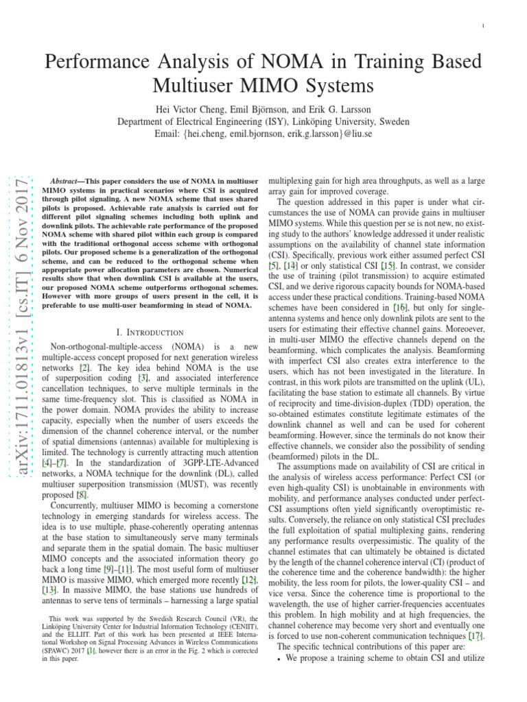 Performance Analysis of NOMA in Training Based Multiuser MIMO Systems ...