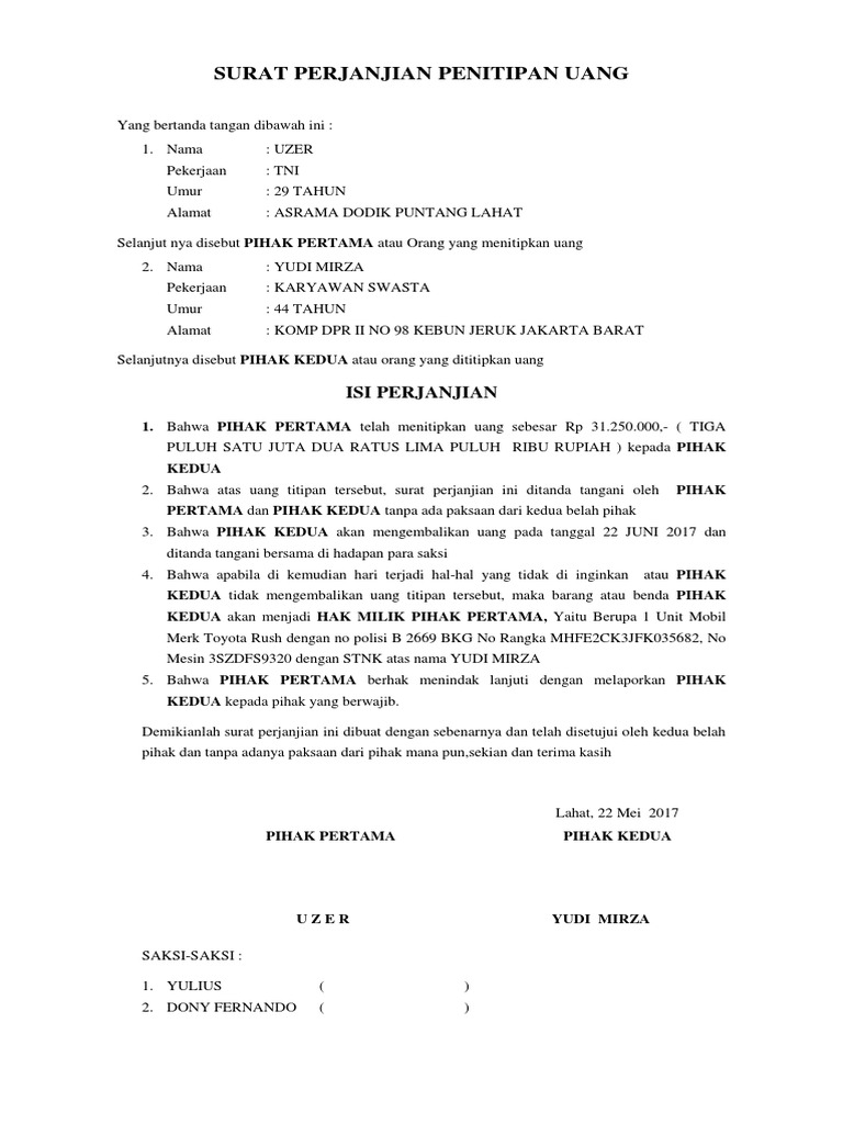 Surat Penitipan Uang