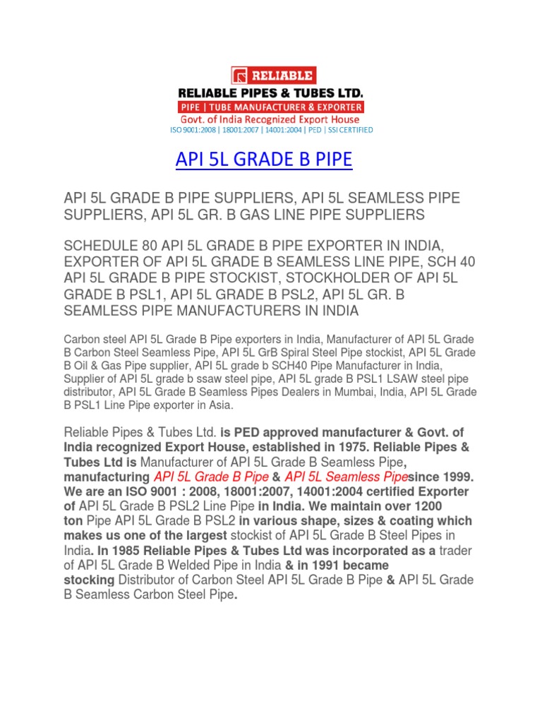 Api 5L Grade B Pipe | PDF