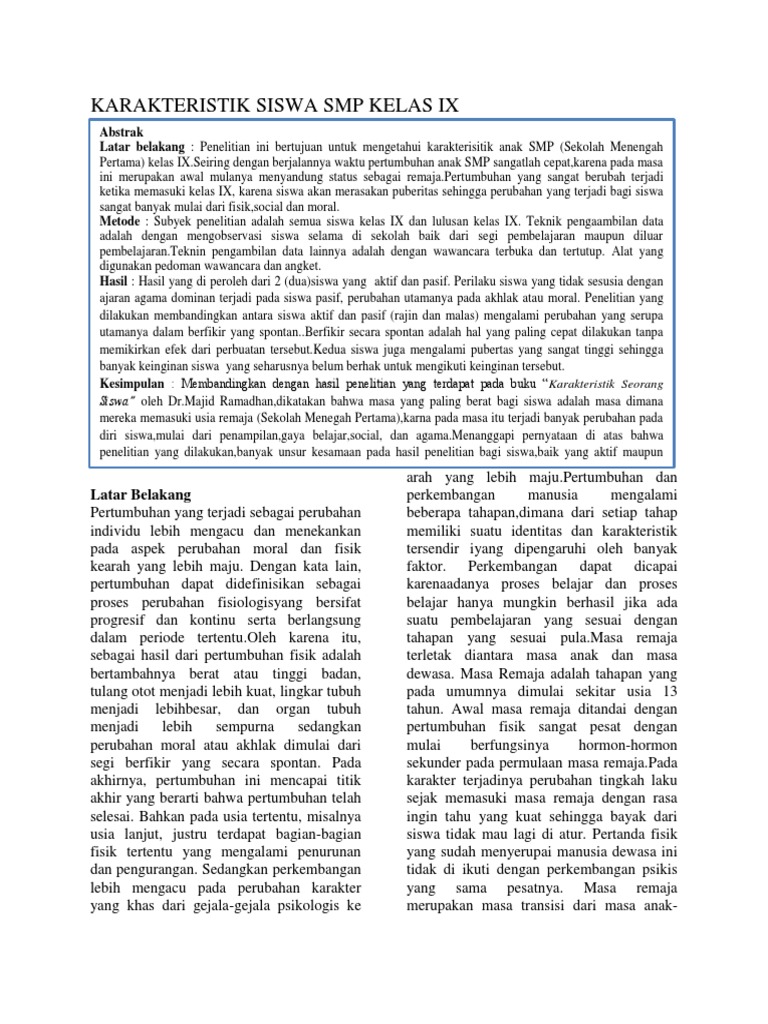Karakteristik Siswa Smp Kelas Ix