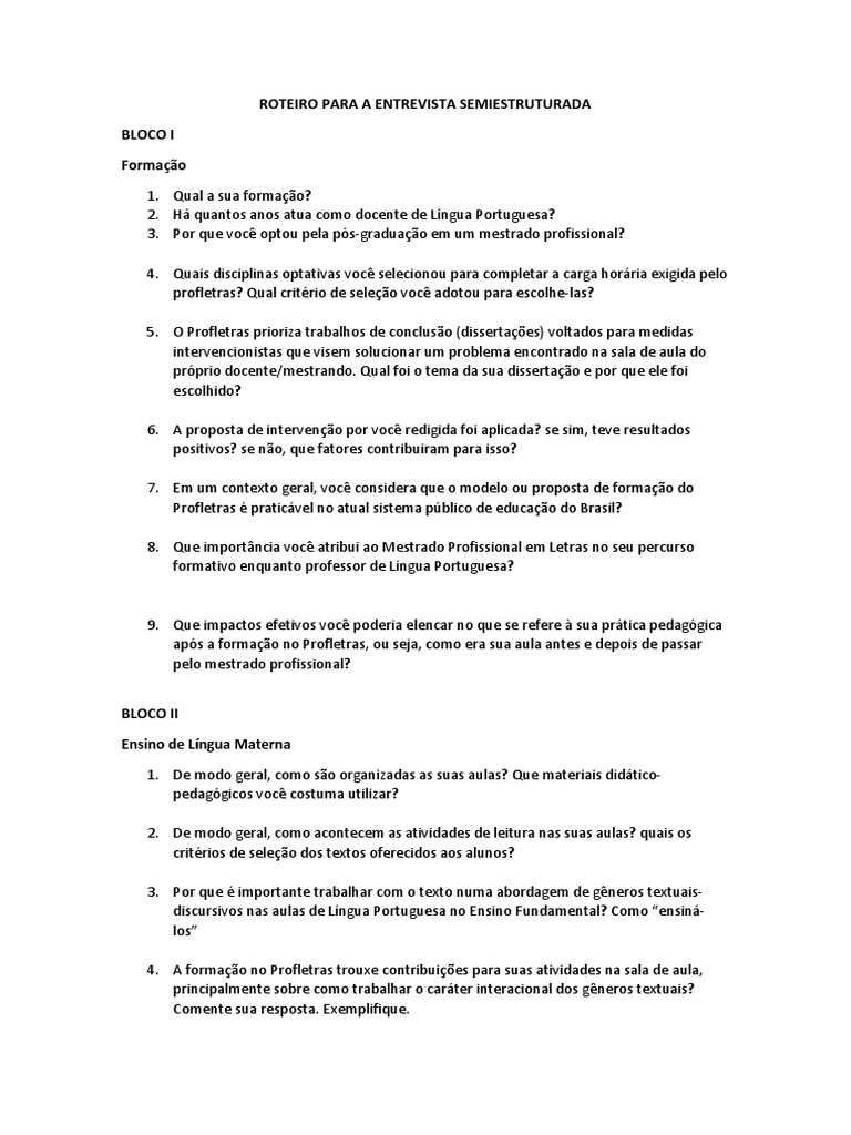 Roteiro para A Entrevista Semiestruturada | PDF | Mestrado | Pedagogia
