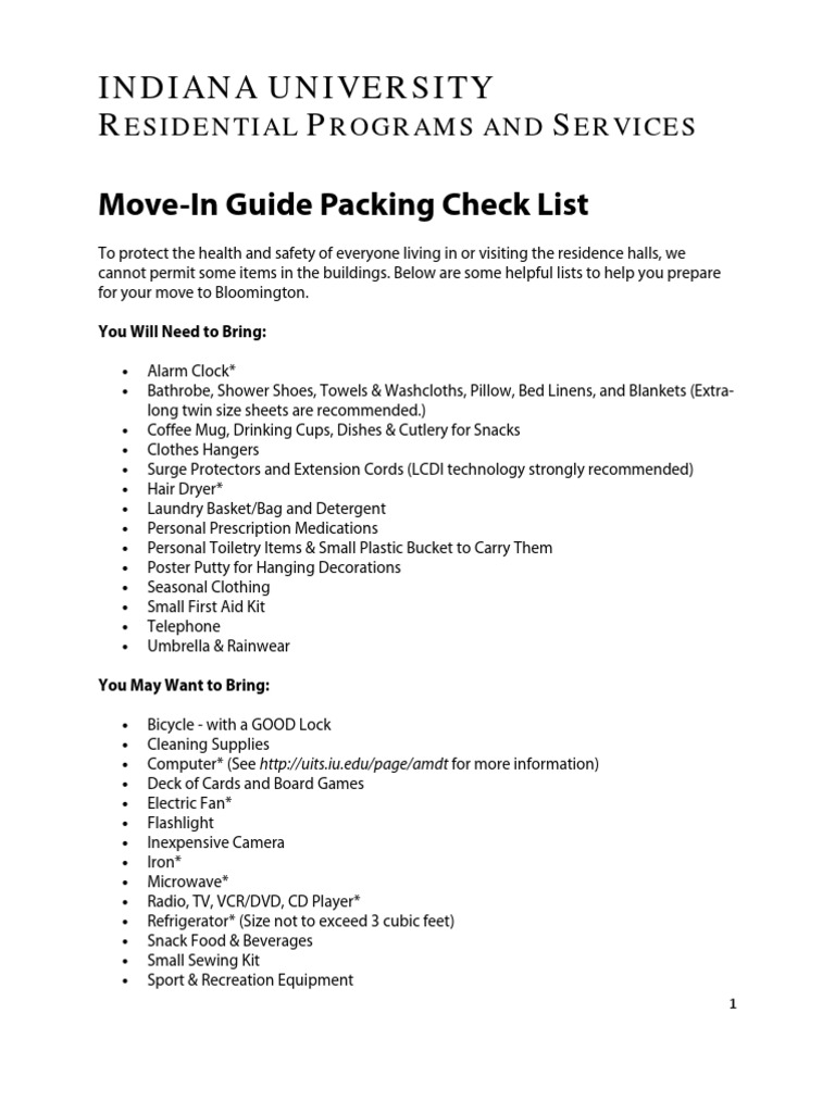 Indiana University Move-In Packing Guide | PDF