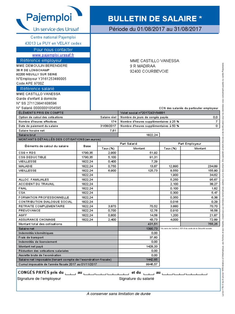 Bulletin De Salaire Pajemploi 2017 PDF Bulletin De Salaire droit 