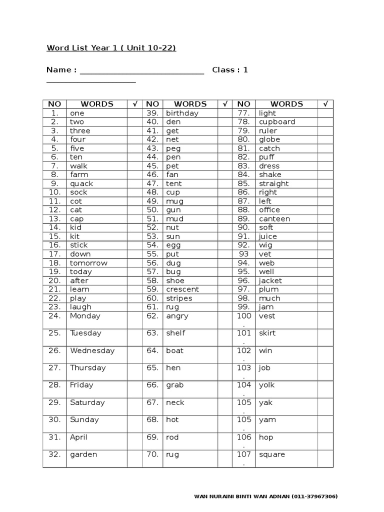Year 1 Word List Units 10-22 | PDF | Leisure | Sports