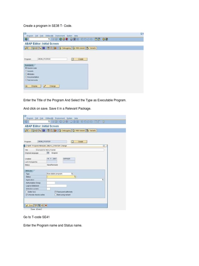 SAP SE38 Program Creation Guide | PDF | Menu (Computing) | System Software