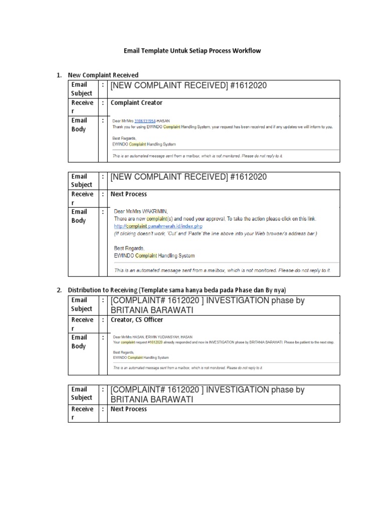Email Templates for Complaint Workflow | PDF