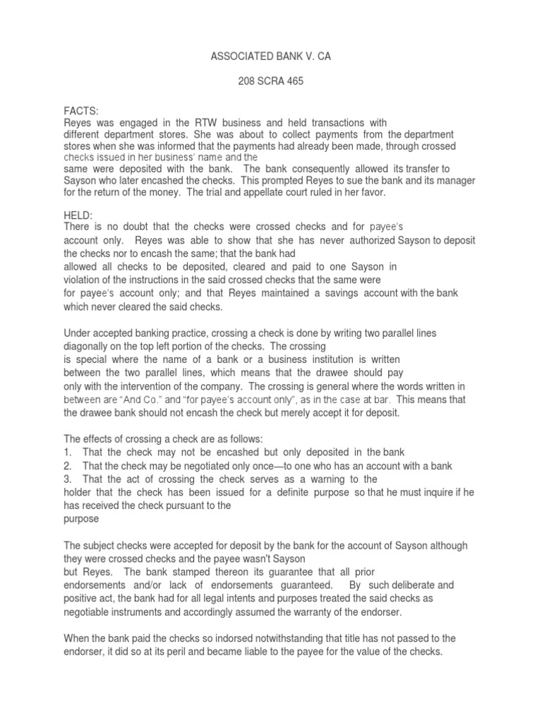 22 Associated Bank V CA 208 Scra 465 PDF Cheque Payments